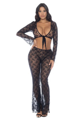 Black lace Mapale 1915 two-piece set with long-sleeved tie-front crop top and matching flared pants in black