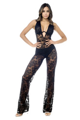 Black lace Mapale 1916 jumpsuit bodysuit with sheer floral pattern and flared legs in black color