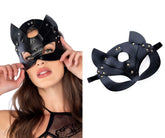 Black cat-eared faux leather eye mask by mapale 196 with metallic studs and adjustable straps in black color