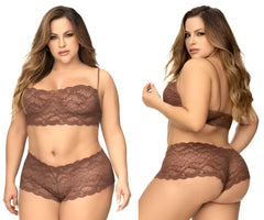 Brown lace lingerie set by mapale featuring intricate floral patterns and delicate spaghetti straps in cocoa color