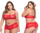 Red lace lingerie set by Mapale featuring intricate floral patterns and thin straps in vibrant red color