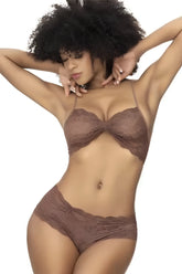Brown lace bra and matching panties set in cocoa color by mapale featuring delicate lace material
