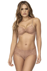 Mapale 207 panty and top lace set in taupe featuring a delicate nude lace bra with twisted center and high-waisted briefs