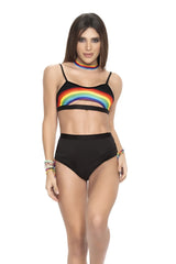 Black bikini top with vibrant rainbow arch design across the front from mapale 2689 two piece set color black