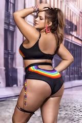 Mapale 2689x two piece black bikini set with vibrant rainbow stripe on waistband and matching beaded ties