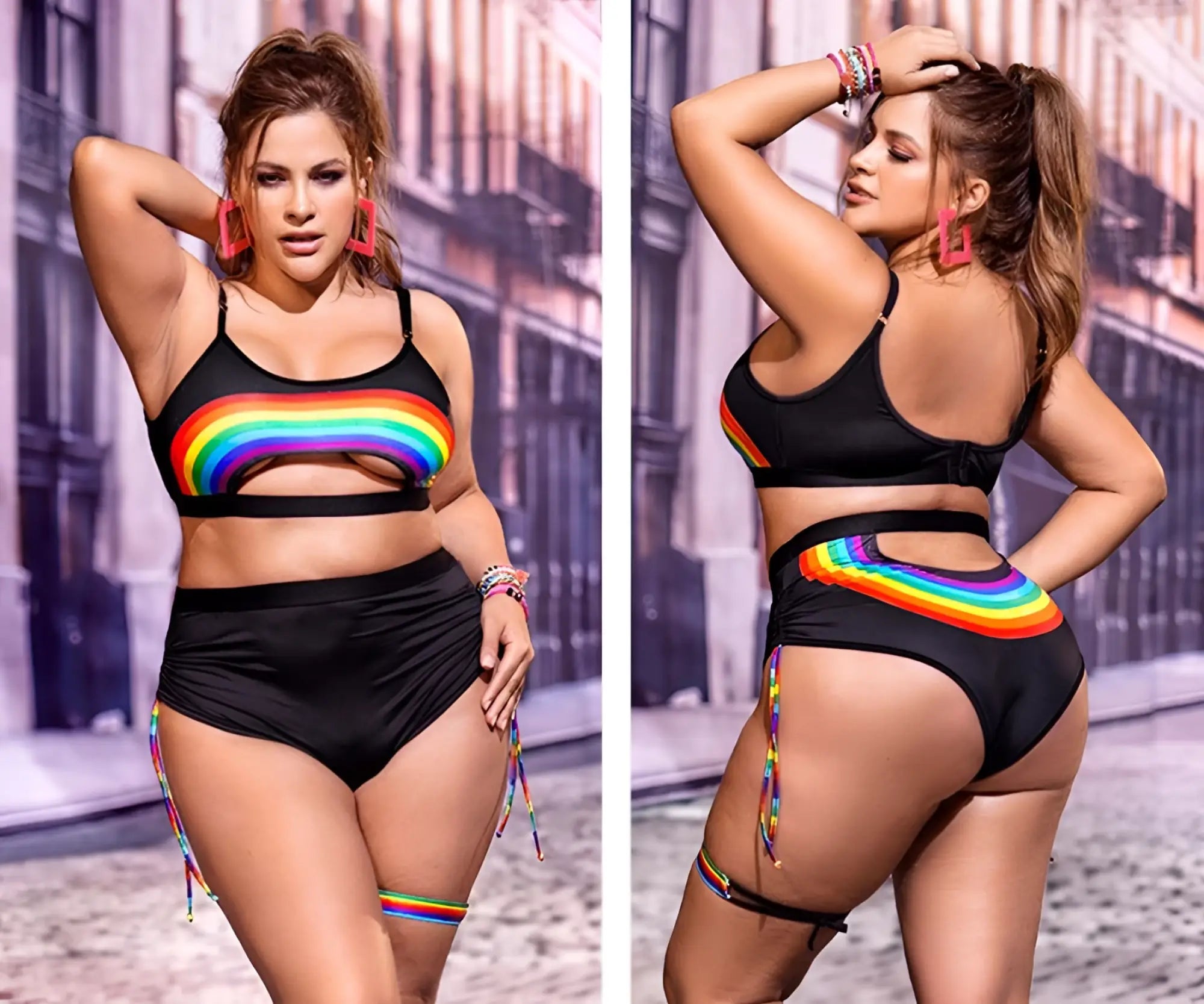 Black two-piece swimsuit set by mapale featuring a rainbow arc and matching striped ties on the bust and back