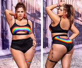Black two-piece swimsuit set by mapale featuring a rainbow arc and matching striped ties on the bust and back