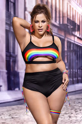 Mapale 2689X black two-piece swimsuit with rainbow stripe across top and matching rainbow trim on side ties