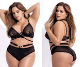 Mapale 2696x two piece set black sheer lingerie with gold toned circular accents and adjustable straps