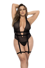 Black sheer Mapale 2706X bodysuit with black straps and garter belt design in front view