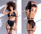 Black mesh and satin lingerie two piece set by mapale with adjustable straps and garter belts in black