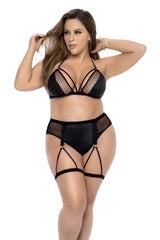 Mapale 2709x two piece black lingerie set with black mesh and satin featuring a strappy garter belt design
