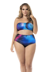 Mapale 2710X two piece set moonlight blue vibrant blue and pink abstract strapless top with high waisted bottoms