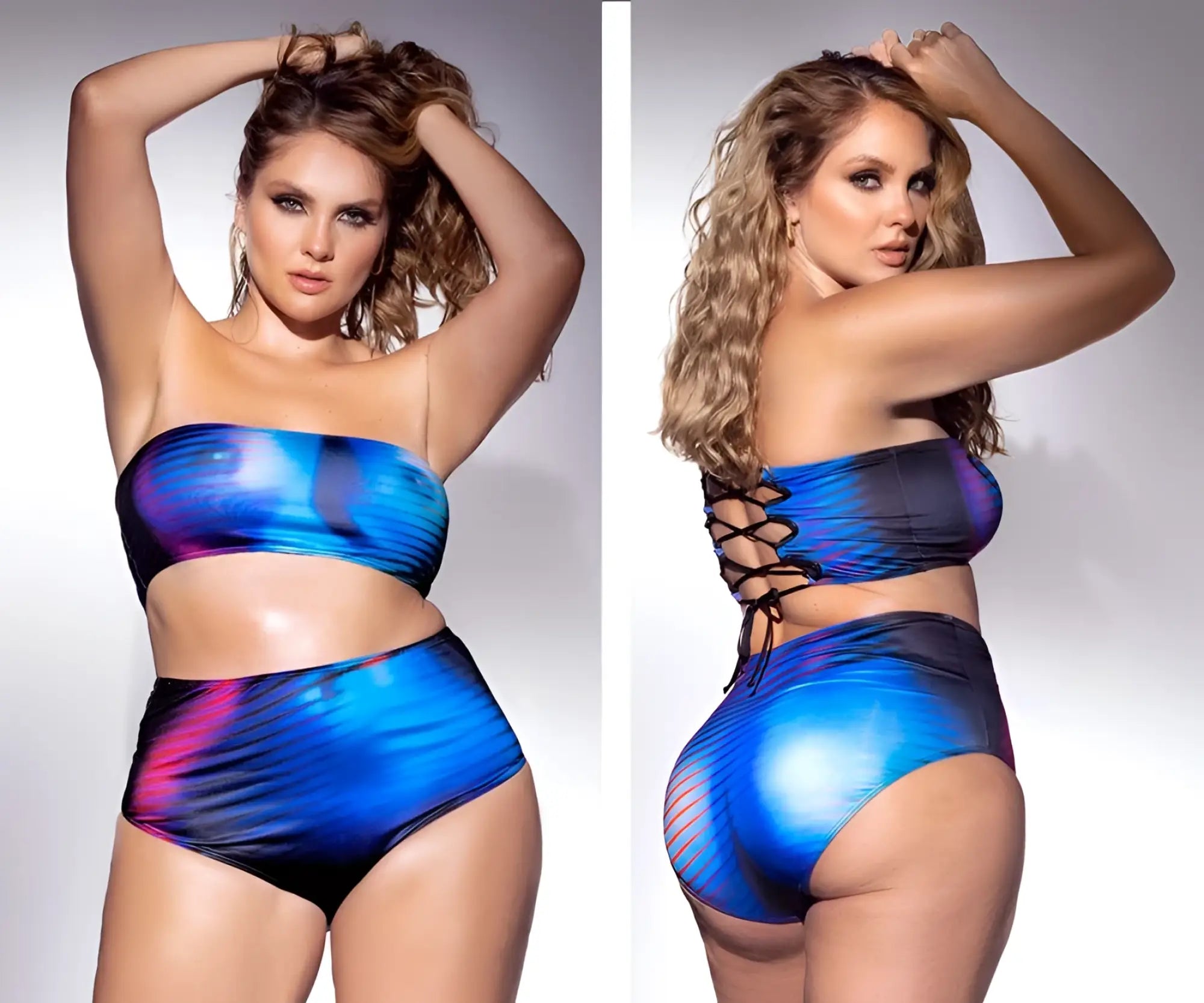Mapale 2710x two piece swimsuit set in moonlight blue with vibrant blue purple pink iridescent strapless bandeau top and high-waisted bottoms