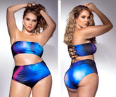 Mapale 2710x two piece swimsuit set in moonlight blue with vibrant blue purple pink iridescent strapless bandeau top and high-waisted bottoms