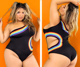 Black one-shoulder Mapale 2718X bodysuit with rainbow stripe design and cutout details for stylish swimwear looks