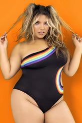 Black one-shoulder Mapale 2718X bodysuit with vibrant rainbow stripe across shoulder and side in stretchy fabric