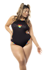 Black one-piece swimsuit mapale 2719x bodysuit with rainbow trim and love wins graphic on front