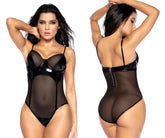 Mapale 2732 bodysuit in wet black features black patent leather and sheer mesh with thin straps and back zipper shown from back