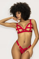 Red strappy lace-up bra and matching thong set by mapale in red lace for a sexy two-piece lingerie look