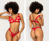 Red two piece strappy lingerie set with geometric cutouts and gold-tone hardware by mapale 2737
