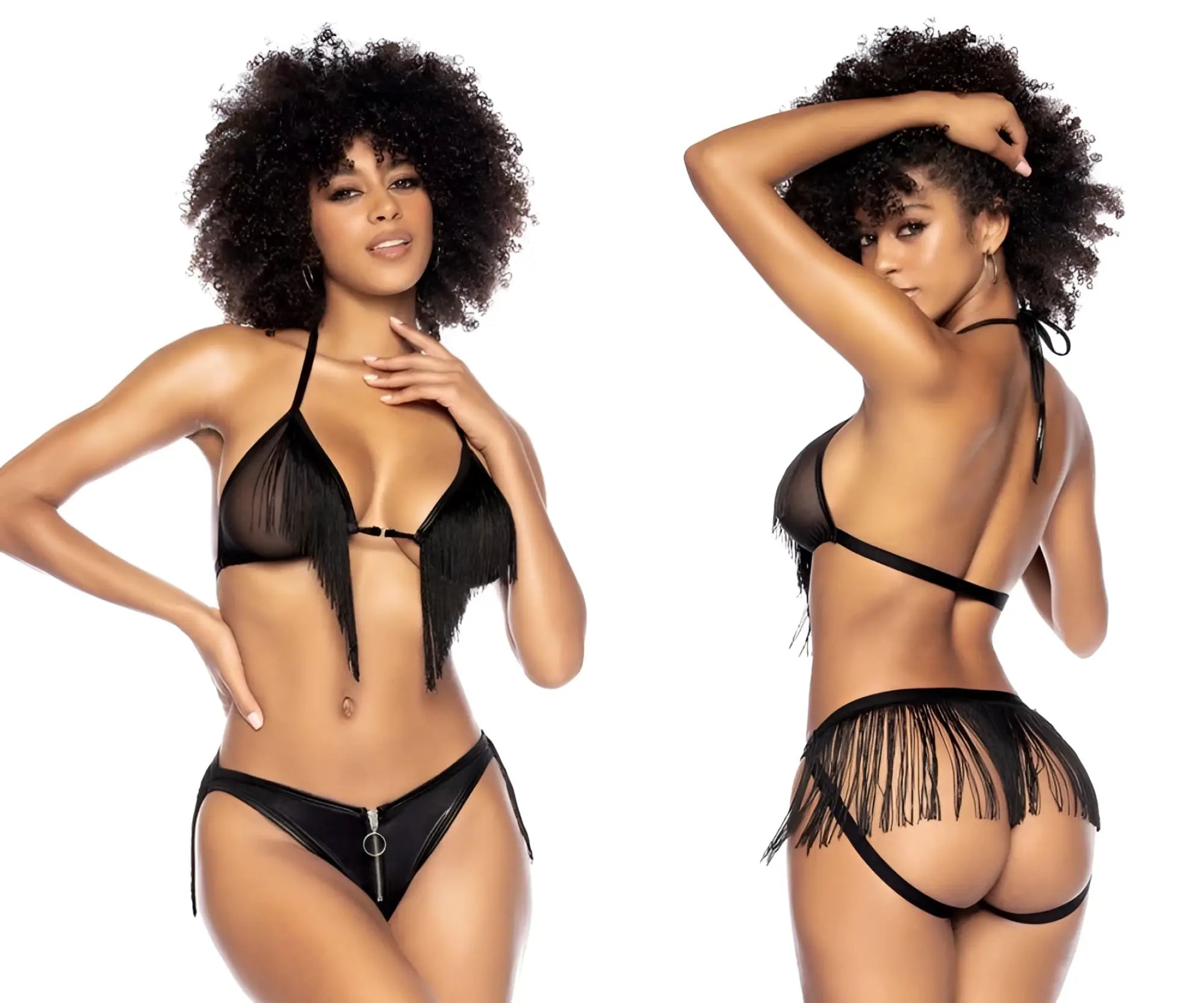 Black fringed lingerie two piece set with sheer mesh and faux leather accents by mapale 2739 in black