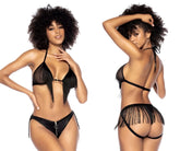 Black fringed lingerie two piece set with sheer mesh and faux leather accents by mapale 2739 in black