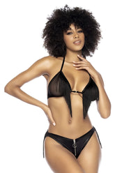 Black fringed triangle bikini top with sheer mesh and lace trim from mapale 2739 two piece set in black