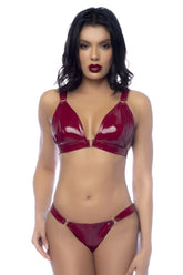 Mapale 2763 two piece set shiny red patent leather bra and thong set in gloss wine color front view
