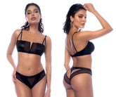 Black mapale 2768 two piece lingerie set with wet look fabric sheer mesh panels and thin straps