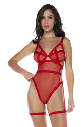 Red sheer lace bodysuit with bold red straps and cut-out design from mapale 2772 collection