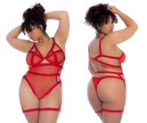 Red lace Mapale 2772X bodysuit with intricate crisscross straps and sheer mesh panels in red color