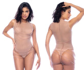 Beige sheer bodysuit with delicate gold chain detailing across the torso and hips from Mapale 2778 chain two piece set rose gold