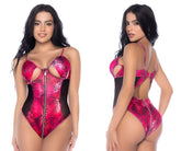 Mapale 2784 bodysuit in fierce fuchsia with pink and black snakeskin pattern mesh side panels and front zipper cut-out bust design