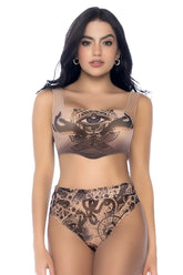 Tan mapale 2799 two piece set with eye and wing design top and high waisted bottoms with intricate black patterns