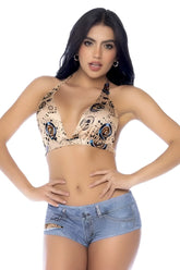 Beige halter top with intricate paisley and circular patterns in black blue and gold from mapale 2802 bohemian mystique set