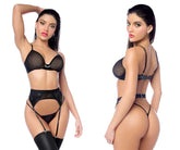 Mapale 2806 three piece set black mesh and faux leather lingerie with adjustable straps and garter belt design