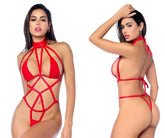 Red strappy lace-up bikini set with high neckline and back ties by mapale 2808 bodysuit in red shown from the back