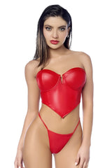Red faux leather corset top with sweetheart neckline and matching thong from mapale 2809 two piece set