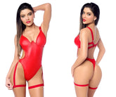 Red glossy faux leather one-piece bodysuit with side cutouts and matching thigh-high straps by Mapale 2810