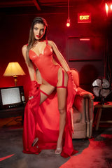 Mapale 2810 red glossy one-piece bodysuit with high-cut legs and matching thigh-high straps in red latex finish