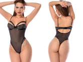 Black sheer Mapale 2813 bodysuit with metallic fringe detailing and back cutout design shown from the back side