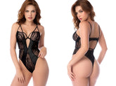Black lace Mapale 2815 bodysuit with sheer mesh panels and a sleek form fitting design in black color
