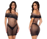 Black sheer off-shoulder bodycon dress with lace trim and v-shaped back panel shown from the back by Mapale 40001 in midnight shadow
