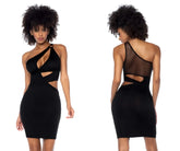 Black mapale 40004 one-shoulder bodycon dress with sheer mesh panel and cutout details
