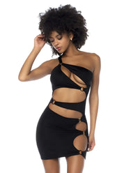 Black one-shoulder cut-out mini dress by Mapale with gold-toned circular hardware accents in a sleek fabric