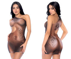 Sheer brown mapale 40009 bodysuit with black tattoo style patterns on front and back in bohemian mystique color