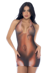 Mapale 40010 dress in sheer form-fitting halter style with brown and black gradient and intricate tattoo designs