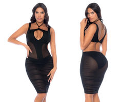 Black sheer mesh bodycon dress with cutout neckline and back tie details by mapale 40014 shown from the back