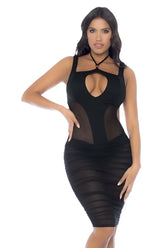 Mapale 40014 black sheer mesh bodycon dress with high neckline and cutout details perfect for evening wear